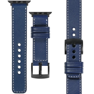 moVear Prestige C1 22mm Navy blau Lederarmband für Apple Watch 10 / 9 / 8 / 7 / 6 / 5 / 4 / SE (46/45/44mm) & Ultra (49mm) | Navy blau Nähte [Größen XS-XXL und Schnalle zur Auswahl]