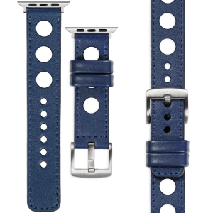 moVear Prestige R1 24mm Navy blau Lederarmband für Apple Watch 10 / 9 / 8 / 7 / 6 / 5 / 4 / SE (46/45/44mm) & Ultra (49mm) | Navy blau Nähte [Größen XS-XXL und Schnalle zur Auswahl]