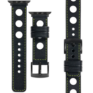 moVear Prestige R1 20mm Schwarz Lederarmband für Apple Watch 8 / 7 / 6 / 5 / 4 / SE (41/40mm) | Schwarz Nähte [Größe und Schnalle zur Auswahl]