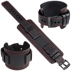 moVear Prestige CW1 24mm Breites Lederarmband mit Polster | Schwarz, Schwarz Nähte [Größen XS-XXL und Schnalle zur Auswahl]