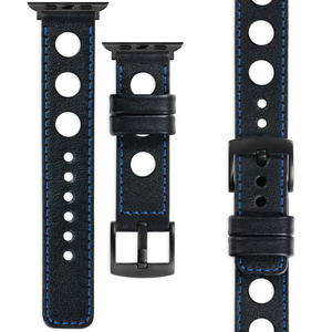 moVear Prestige R1 20mm Schwarz Lederarmband für Apple Watch 8 / 7 / 6 / 5 / 4 / SE (45/44mm) & Ultra (49mm) | Schwarz Nähte [Größe und Schnalle zur Auswahl]