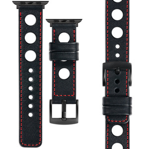 moVear Prestige R1 20mm Schwarz Lederarmband für Apple Watch 8 / 7 / 6 / 5 / 4 / SE (45/44mm) & Ultra (49mm) | Schwarz Nähte [Größe und Schnalle zur Auswahl]