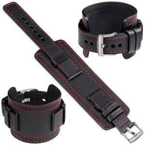 moVear Prestige CW1 19mm Breites Lederarmband mit Polster | Schwarz, Schwarz Nähte [Größen XS-XXL und Schnalle zur Auswahl]