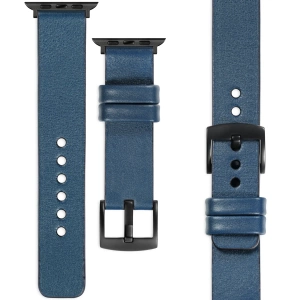 moVear Prestige S1 22mm Lederarmband für Apple Watch 10 / 9 / 8 / 7 / 6 / 5 / 4 / SE (42/41/40mm) Blaue Jeans [Adapter und Schnalle zur Auswahl]