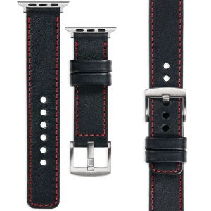 moVear Prestige C1 20mm Schwarz Lederarmband für Apple Watch 10 / 9 / 8 / 7 / 6 / 5 / 4 / SE (42/41/40mm) | Schwarz Nähte [Größen XS-XXL und Schnalle zur Auswahl]