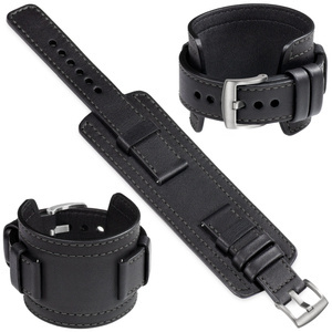 moVear Prestige CW1 24mm Breites Lederarmband mit Polster | Schwarz, Schwarz Nähte [Größen XS-XXL und Schnalle zur Auswahl]