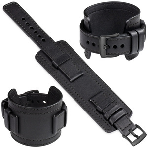 moVear Prestige CW1 24mm Breites Lederarmband mit Polster | Schwarz, Schwarz Nähte [Größen XS-XXL und Schnalle zur Auswahl]