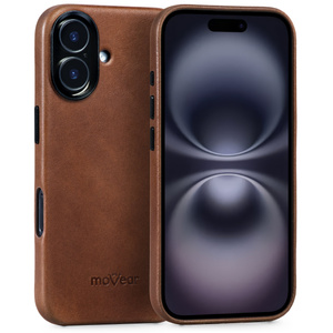moVear [PRODUCT_MODEL] Leather back cover for Apple iPhone 16 (6.1") | MagSafe compatible, Natural oiled leather (Dark brown)