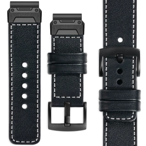moVear Prestige C3X Leather strap for Garmin QuickFit 22mm (Fenix / Forerunner / Epix / Instinct / Enduro / Quatix / MARQ - 47/45mm) Black, Black stitching [sizes XS-XXL and buckle to choose from]