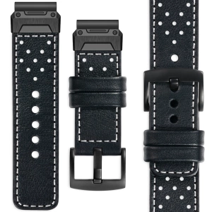 moVear Prestige R3X Leather strap for Garmin QuickFit 26mm (Fenix / Epix / Quatix / Tactix / Enduro - 51mm) Black, Black stitching [sizes XS-XXL and buckle to choose from]