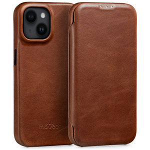 moVear flipSide 4S Leather slim case for Apple iPhone 14 (6,1") | Natural oiled leather (Dark brown)