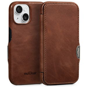 moVear flipSide 4C Leather case for Apple iPhone 15 (6,1") | Natural oiled leather (Dark brown)