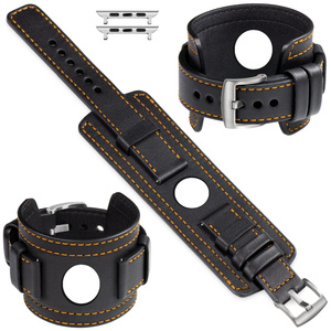 moVear Prestige CW1 24mm Wide leather watch strap with pad for Apple Watch 9 / 8 / 7 / 6 / 5 / 4 / SE (45/44mm) & Ultra (49mm) | Black, Black stitching [sizes XS-XXL and buckle to choose from]
