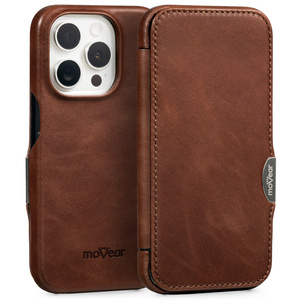 moVear flipSide 4C Leather case for Apple iPhone 15 Pro (6.1") | Natural oiled leather (Dark brown)