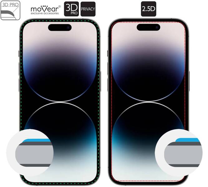 2 pcs. | moVear GLASS mSHIELD 3D PRO privacy for Apple iPhone 14 Pro (6.1") | (Privatizing)