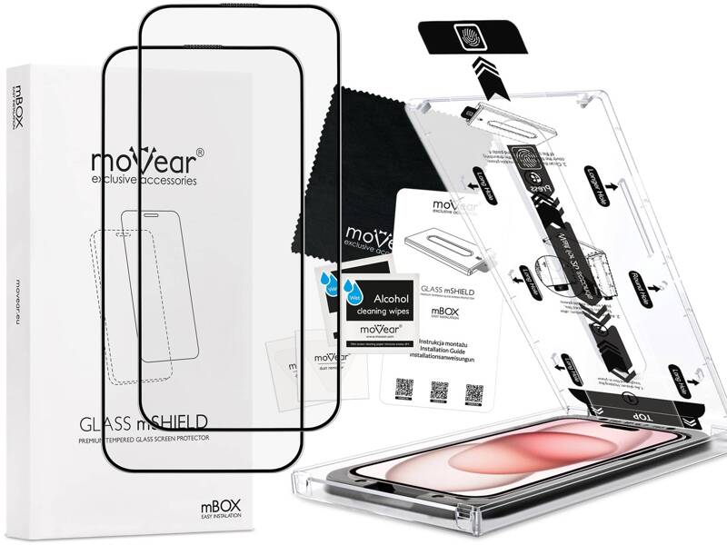 2 pcs. | moVear mBOX GLASS mSHIELD 2.5D MAX MATT for Apple iPhone 15 (6,1") (case friendly, Anti-reflective, with Applicator)