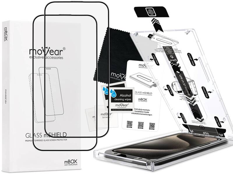 2 pcs. | moVear mBOX GLASS mSHIELD 2.5D MAX MATT for Apple iPhone 15 Pro (6.1") (case friendly, Anti-reflective, with Applicator)