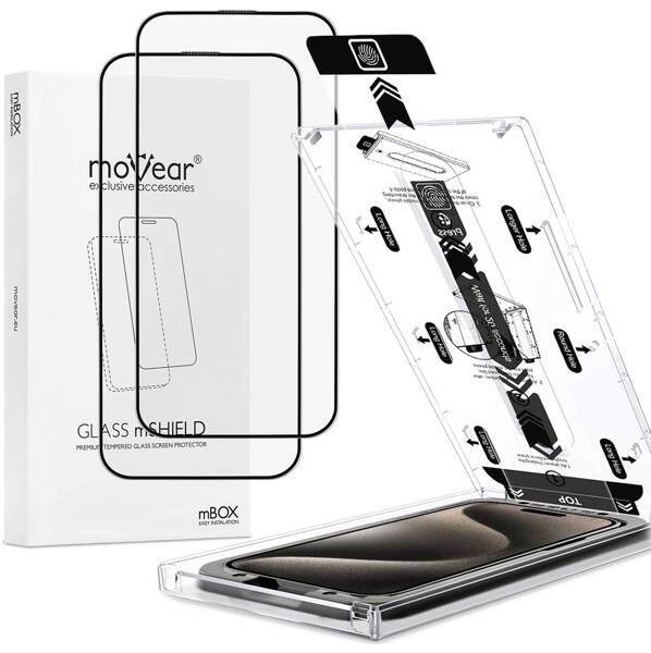 2 pcs. | moVear mBOX GLASS mSHIELD 2.5D MAX MATT for Apple iPhone 15 Pro (6.1") (case friendly, Anti-reflective, with Applicator)