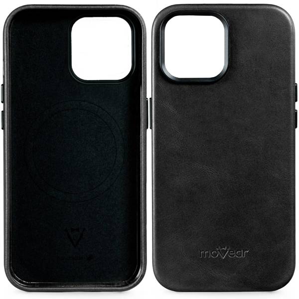 moVear [PRODUCT_MODEL] Leather back cover for Apple iPhone 13 (6.1") | MagSafe compatible, Natural oiled leather (Black)