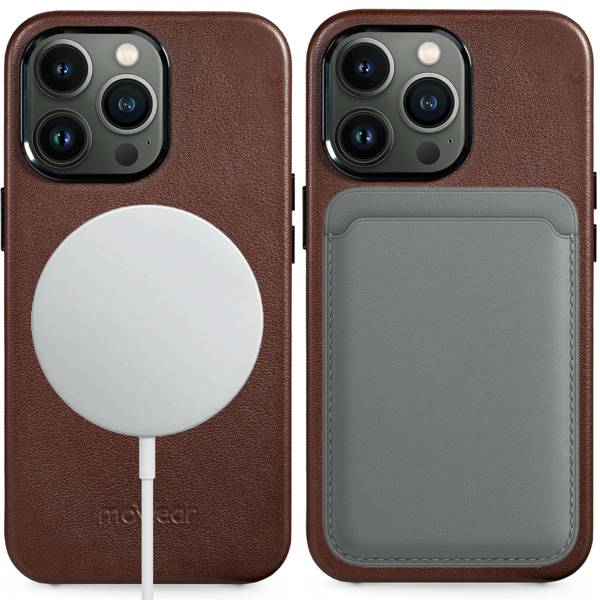 moVear [PRODUCT_MODEL] Leather back cover for Apple iPhone 13 Pro (6.1") | MagSafe compatible, Nappa leather (Dark brown)