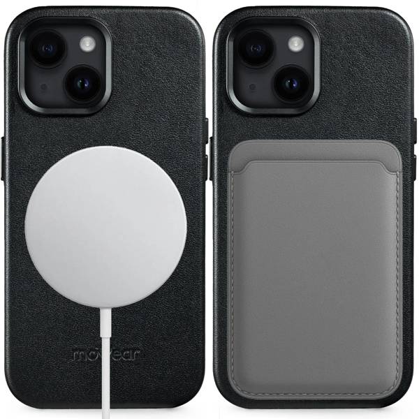 moVear [PRODUCT_MODEL] Leather back cover for Apple iPhone 14 (6,1") | MagSafe compatible, Smooth leather (Black)