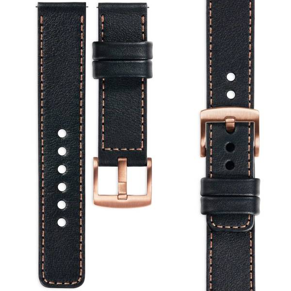 moVear Prestige C1 18mm Black Leather strap for Garmin Vivoactive 4S, Venu 3S/2S, Vívomove 3S | Black stitching [sizes XS-XXL and buckle to choose from]