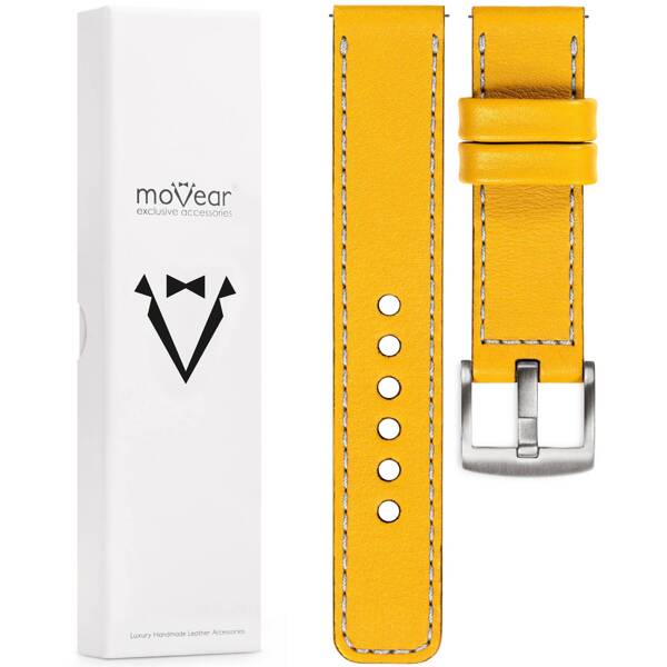 moVear Prestige C1 18mm leather watch strap | Yellow, Yellow stitching [sizes XS-XXL and buckle to choose from]