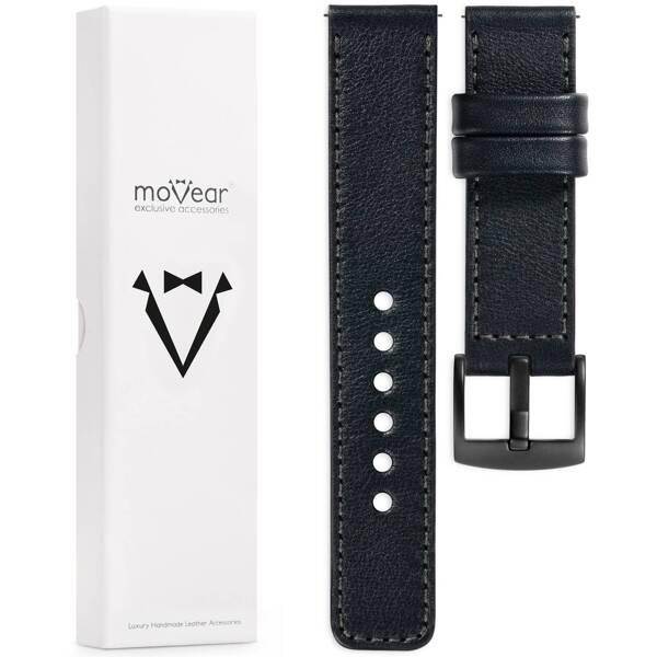 moVear Prestige C1 19mm leather watch strap | Black, Black stitching [sizes XS-XXL and buckle to choose from]