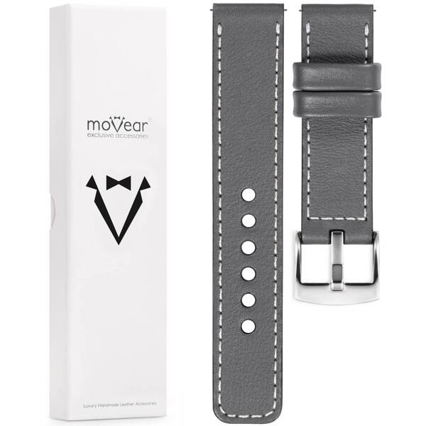 moVear Prestige C1 19mm leather watch strap | Gray, Gray stitching [sizes XS-XXL and buckle to choose from]