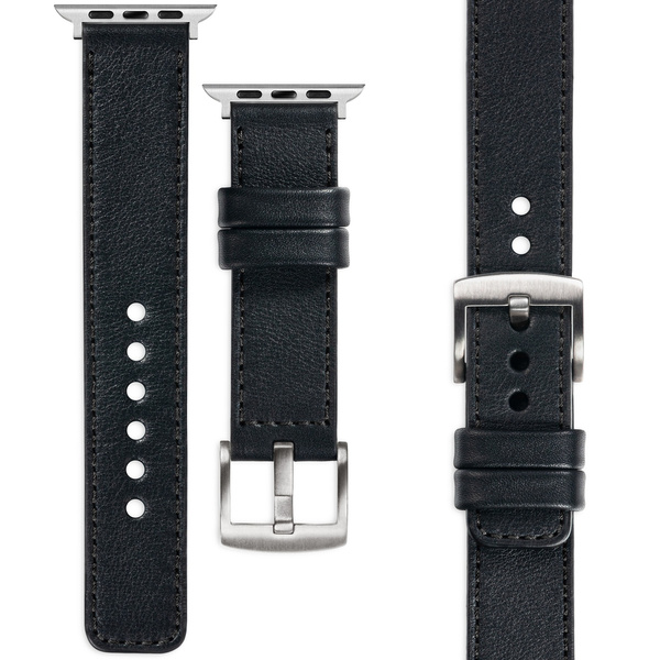 moVear Prestige C1 20mm Black Leather strap for Apple Watch 10 / 9 / 8 / 7 / 6 / 5 / 4 / SE (42/41/40mm) | Black stitching [sizes XS-XXL and buckle to choose from]