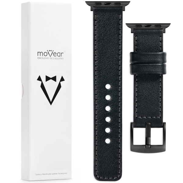 moVear Prestige C1 20mm Black Leather strap for Apple Watch 10 / 9 / 8 / 7 / 6 / 5 / 4 / SE (42/41/40mm) | Black stitching [sizes XS-XXL and buckle to choose from]