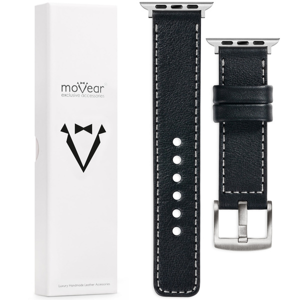 moVear Prestige C1 20mm Black Leather strap for Apple Watch 10 / 9 / 8 / 7 / 6 / 5 / 4 / SE (42/41/40mm) | Black stitching [sizes XS-XXL and buckle to choose from]