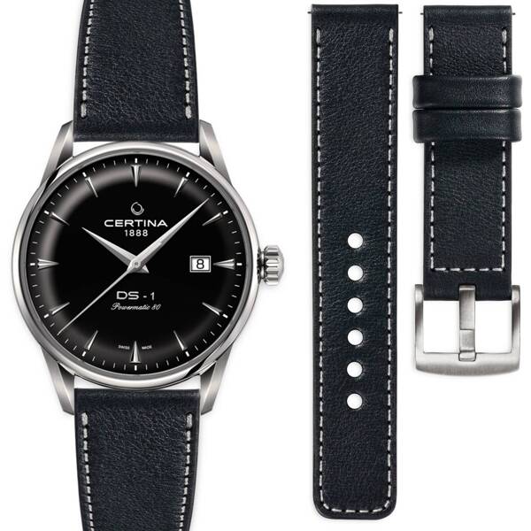 moVear Prestige C1 20mm Black Leather strap for Certina DS-1 C029.807.16.051.00 | Black stitching [sizes XS-XXL]