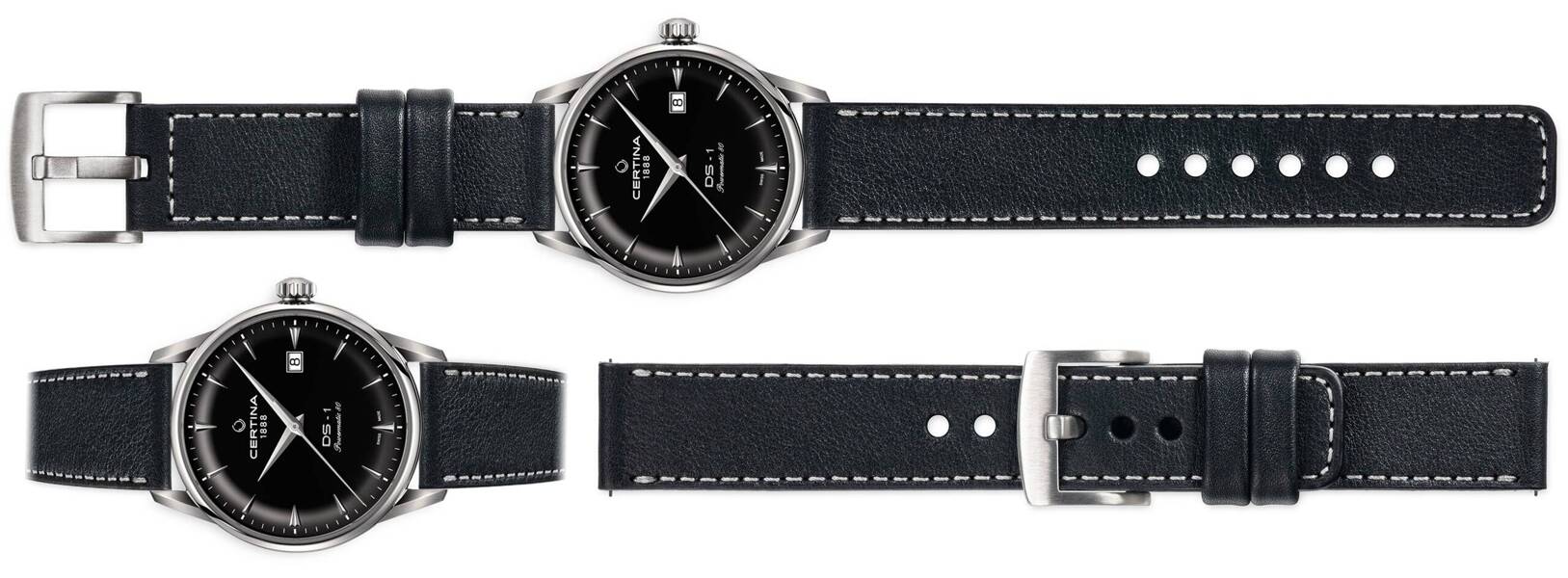 moVear Prestige C1 20mm Black Leather strap for Certina DS-1 C029.807.16.051.00 | Black stitching [sizes XS-XXL]