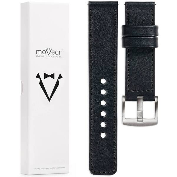 moVear Prestige C1 20mm Black Leather strap for Samsung Galaxy Watch 7 / 6 / 5 / 4 / 3 & Pro / FE / Classic / Active | Black stitching [sizes XS-XXL and buckle to choose from]