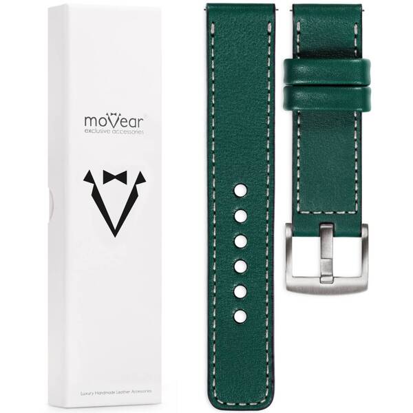 moVear Prestige C1 20mm Bottle green Leather strap for Samsung Galaxy Watch 7 / 6 / 5 / 4 / 3 & Pro / FE / Classic / Active | Bottle green stitching [sizes XS-XXL and buckle to choose from]