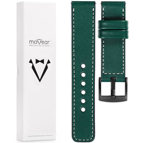 moVear Prestige C1 20mm Bottle green Leather strap for Samsung Galaxy Watch 7 / 6 / 5 / 4 / 3 & Pro / FE / Classic / Active | Bottle green stitching [sizes XS-XXL and buckle to choose from]