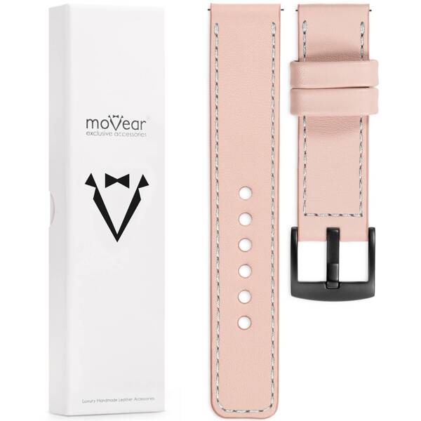 moVear Prestige C1 20mm Flesh pink Leather strap for Samsung Galaxy Watch 7 / 6 / 5 / 4 / 3 & Pro / FE / Classic / Active | Flesh pink stitching [sizes XS-XXL and buckle to choose from]