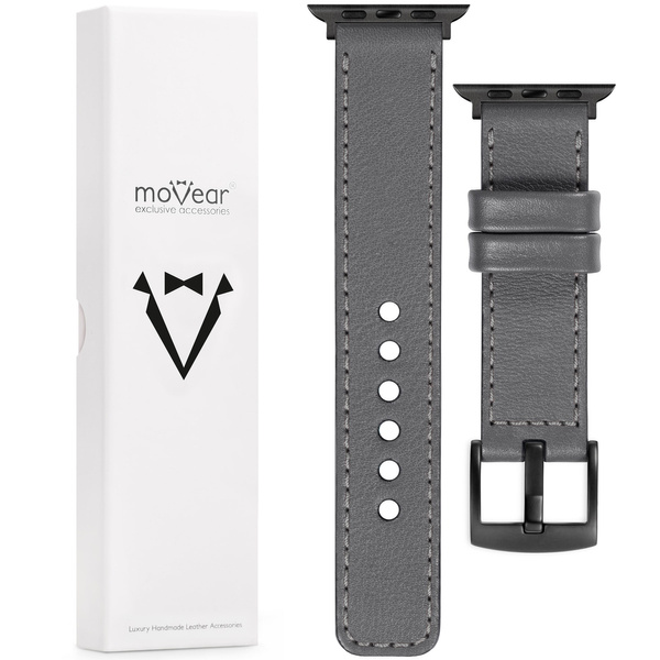 moVear Prestige C1 20mm Gray Leather strap for Apple Watch 10 / 9 / 8 / 7 / 6 / 5 / 4 / SE (46/45/44mm) & Ultra (49mm) | Gray stitching [sizes XS-XXL and buckle to choose from]