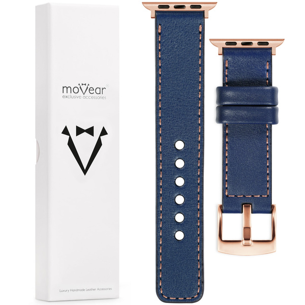 moVear Prestige C1 20mm Navy blue Leather strap for Apple Watch 10 / 9 / 8 / 7 / 6 / 5 / 4 / SE (46/45/44mm) & Ultra (49mm) | Navy blue stitching [sizes XS-XXL and buckle to choose from]