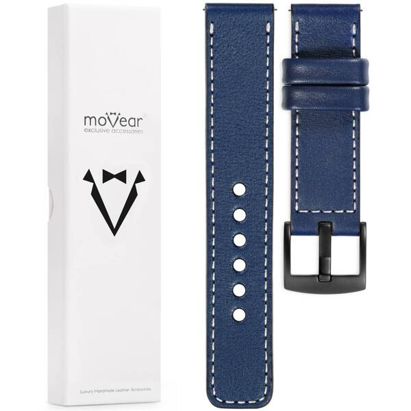 moVear Prestige C1 20mm Navy blue Leather strap for Samsung Galaxy Watch 7 / 6 / 5 / 4 / 3 & Pro / FE / Classic / Active | Navy blue stitching [sizes XS-XXL and buckle to choose from]