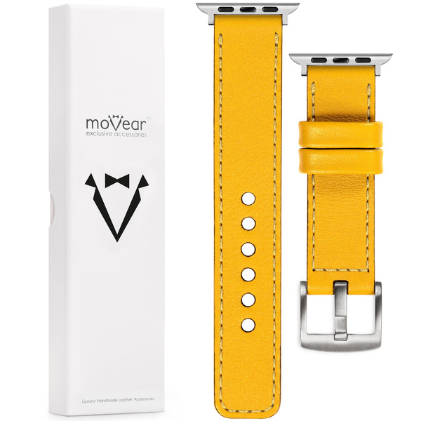 moVear Prestige C1 20mm Yellow Leather strap for Apple Watch 10 / 9 / 8 / 7 / 6 / 5 / 4 / SE (46/45/44mm) & Ultra (49mm) | Yellow stitching [sizes XS-XXL and buckle to choose from]