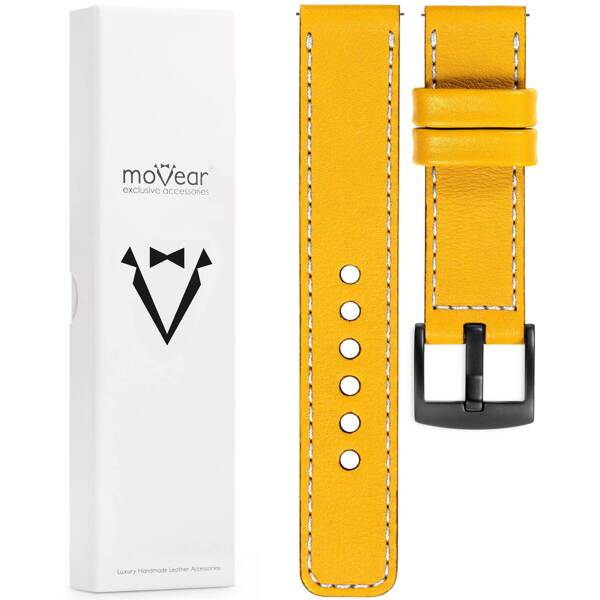 moVear Prestige C1 20mm Yellow Leather strap for Samsung Galaxy Watch 7 / 6 / 5 / 4 / 3 & Pro / FE / Classic / Active | Yellow stitching [sizes XS-XXL and buckle to choose from]