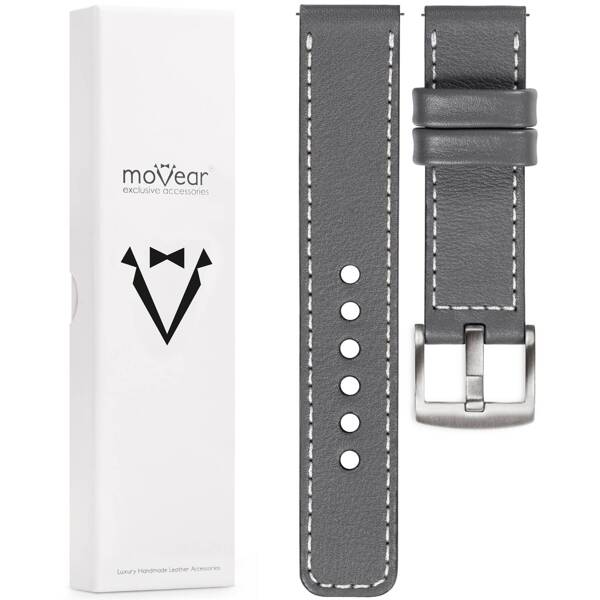 moVear Prestige C1 20mm leather watch strap | Gray, Gray stitching [sizes XS-XXL and buckle to choose from]