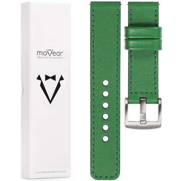 moVear Prestige C1 21mm leather watch strap | Green, Green stitching [sizes XS-XXL and buckle to choose from]