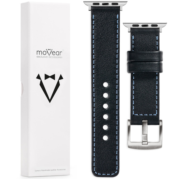 moVear Prestige C1 22mm Black Leather strap for Apple Watch 10 / 9 / 8 / 7 / 6 / 5 / 4 / SE (42/41/40mm) | Black stitching [sizes XS-XXL and buckle to choose from]