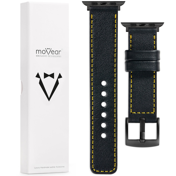 moVear Prestige C1 22mm Black Leather strap for Apple Watch 10 / 9 / 8 / 7 / 6 / 5 / 4 / SE (46/45/44mm) & Ultra (49mm) | Black stitching [sizes XS-XXL and buckle to choose from]