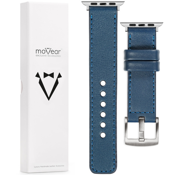 moVear Prestige C1 22mm Blue Jeans Leather strap for Apple Watch 10 / 9 / 8 / 7 / 6 / 5 / 4 / SE (46/45/44mm) & Ultra (49mm) | Blue Jeans stitching [sizes XS-XXL and buckle to choose from]