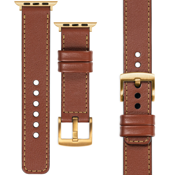 moVear Prestige C1 22mm Brown Leather strap for Apple Watch 10 / 9 / 8 / 7 / 6 / 5 / 4 / SE (42/41/40mm) | Brown stitching [sizes XS-XXL and buckle to choose from]