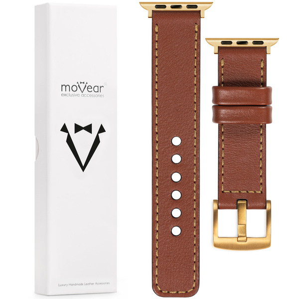 moVear Prestige C1 22mm Brown Leather strap for Apple Watch 10 / 9 / 8 / 7 / 6 / 5 / 4 / SE (42/41/40mm) | Brown stitching [sizes XS-XXL and buckle to choose from]